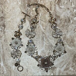 White House Black Market Gem Bow & Flower Silver Tone Necklace & Bracelet